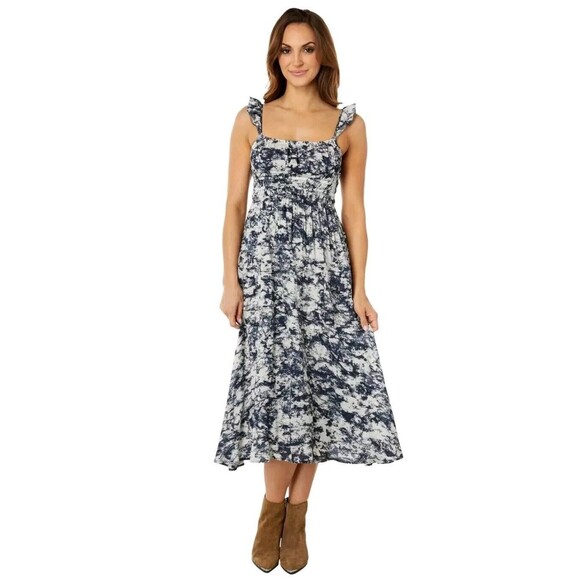 Anthropologie MOON RIVER Printed Ruffle Sleeve Dress Tunneling Detail Navy S - Picture 1 of 2